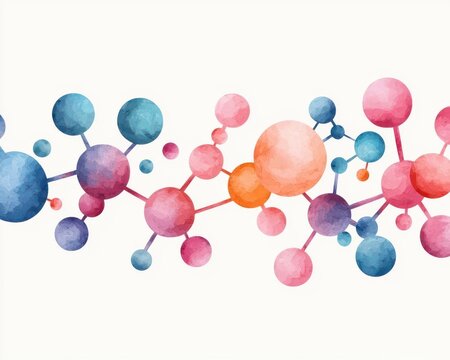 Organic chemistry diagram, dynamic connections and chemical bonds, abstract visuals, watercolor style