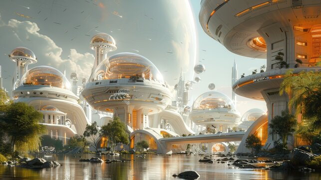 Futuristic Alien City Blending Advanced Technology and Nature - Sci-Fi Background with Copy Space