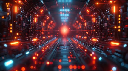 Fototapeta premium Quantum Computer Technology in Futuristic Setting with Holographic Qubits for Digital Innovation Concept. Copy Space Available.