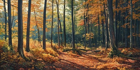 Fototapeta premium Temperate forest, seasonal changes, deciduous trees, forest floor life