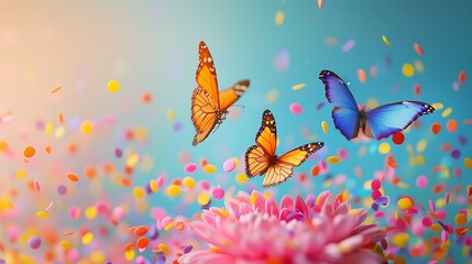 Multicolored butterflies pastry sprinkles fly out of the flower on colorful background