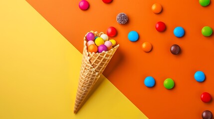 multicolored candy with a waffle cone on yellow and orange background