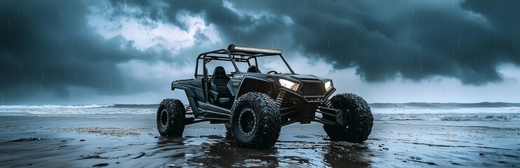 A cool off-road buggy drives fast along the beach during heavy rain and wind, splashing water and mud everywhere