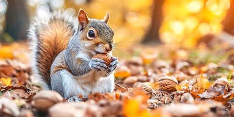 Close-up of a cute squirrel eating nuts on an autumn forest floor with vibrant foliage in the background.