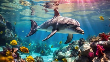Obraz premium Playful dolphin swimming near a coral reef, vibrant underwater world, colorful fish, sunlight filtering through.-
