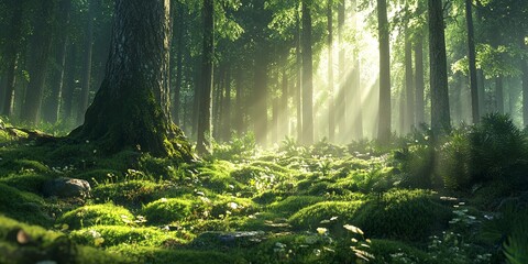 Fototapeta premium A serene forest scene with sunlight filtering through trees onto a lush, moss-covered forest floor.