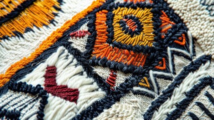 A close-up view of a boho pattern on a textile, showcasing earthy tones, tribal-inspired shapes, and detailed embroidery with a mix of natural and abstract elements, highlighting the richness 