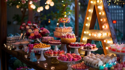 Fototapeta premium On the birthday candy table an illuminated letter A decorating the birthday party
