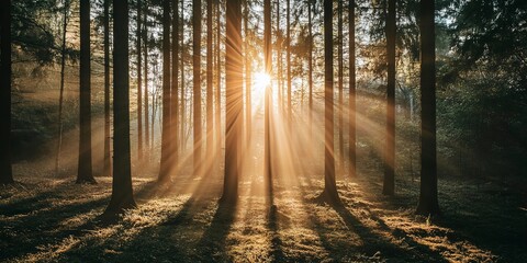 Obraz premium Sun shining through trees in forest 