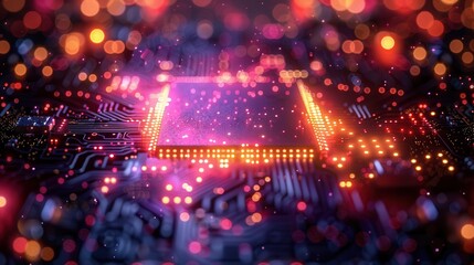 Fototapeta premium Illuminated Quantum Processor - Advanced Technology Concept with Glowing Circuits and Qubits, Space for Text on the Left Side