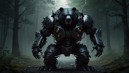 Fototapeta premium illustration of a giant black bear monster robot made of iron
