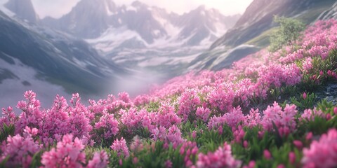 Fototapeta premium Magic pink rhododendron flowers on summer mountain 