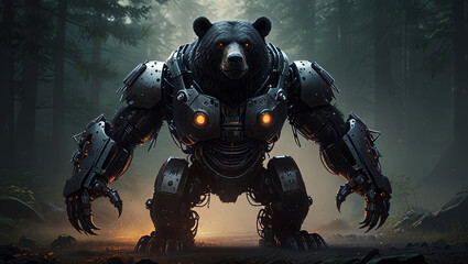 Naklejka premium illustration of a giant black bear monster robot made of iron