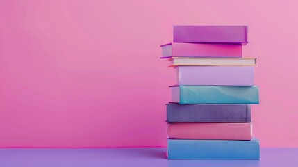 Fototapeta premium pile of books on small desk toys on pink and purple background