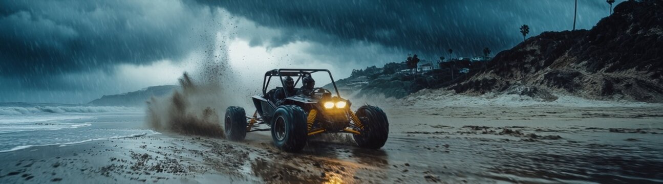 A cool off-road buggy drives fast along the beach during heavy rain and wind, splashing water and mud everywhere