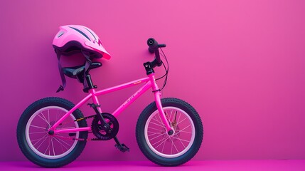 Fototapeta premium Pink bicycle toy pink with helmet on pink and purple background