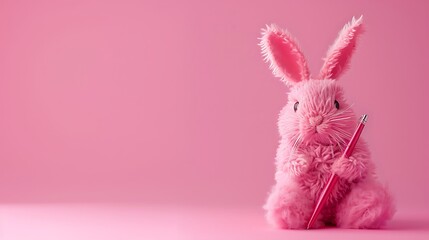 Pink fluffy rabbit in the form of a pompom and a pen on a pink background creative rabbit pompom with cute ears copy space easter bunny rabbit