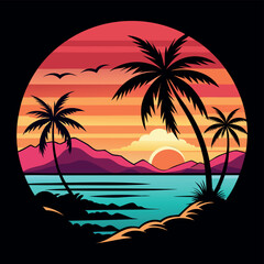 Summer Vector graphic for t-shirt design with beach, sunset, and palm tree