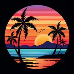 Summer Vector graphic for t-shirt design with beach, sunset, and palm tree
