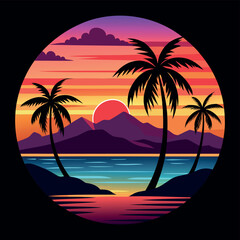 Summer Vector graphic for t-shirt design with beach, sunset, and palm tree