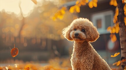 Poodle dog standing near the house rejoices in the warm autumn sun in the early morning