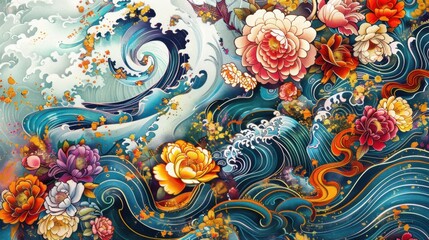 A highly detailed and complex pattern of colorful flowers set against a flowing background, reminiscent of Japanese art. The flowers are arranged in a swirling, dynamic design that blends natural 