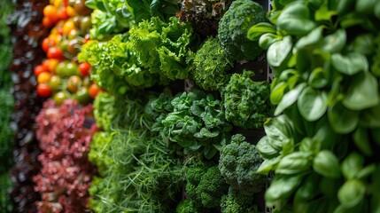 Green Vertical Hydroponic Garden with Herbs and Vegetables for Urban Farming Concept, Copy Space on Right Side