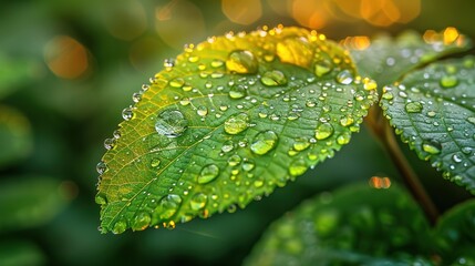 A Transparent Rain Droplet Resting on a Leaf: Nature's Delicate Balance and Microcosm Beauty. Macro Photography of Water Bead on Green Leaf Surface.