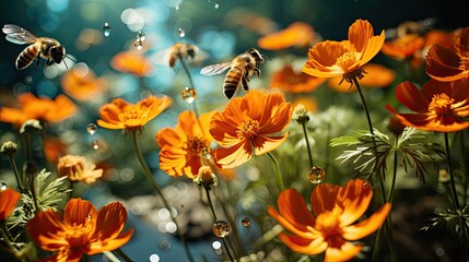 Bees actively pollinating and aiding in the growth of plants. Bees are depicted buzzing around 