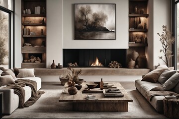 Cozy Living Room with Fireplace and Artwork