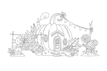 Obraz premium Coloring page for kids, cute mice near a pumpkin house doing housework. Autumn linear illustration.