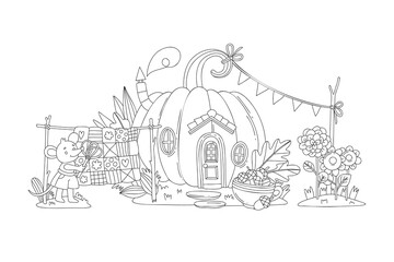 Obraz premium Coloring page for kids, cute mice near a pumpkin house doing housework. Autumn linear illustration.