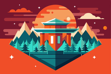 Naklejka premium Geometric Illustration of a Traditional Asian Temple in a Mountainous Landscape