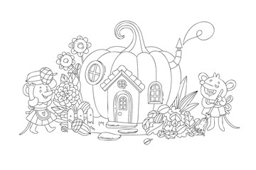 Coloring page for kids, cute mice near a pumpkin house. Autumn linear illustration.