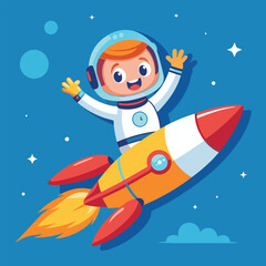 Cute Astronaut Riding Rocket And Waving Hand Cartoon Icon Illustration