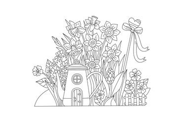 Charming Teapot Cottage Surrounded by Spring Flowers for Coloring