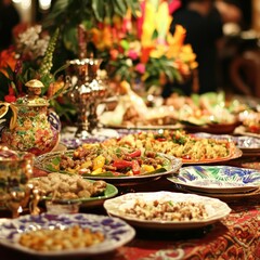 Fototapeta premium A vibrant, colorful buffet table full of assorted dishes and decorations, perfect for a festive celebration or gathering.