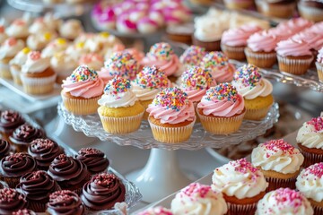 A variety of colorful, decorated cupcakes displayed on elegant stands, creating a delightful and appetizing scene perfect for dessert lovers.