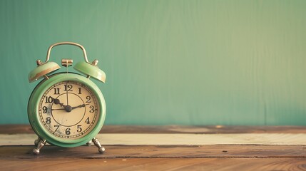 Retro vintage light green alarm clock on wood table