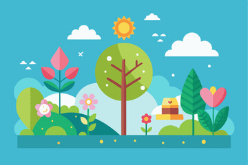 Fototapeta premium Sunny Day Landscape with Flowers and Trees