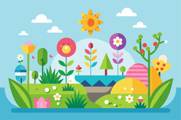 Fototapeta premium Colorful Geometric Landscape with Sun, Flowers, and Trees