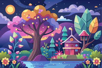 Colorful Nighttime Scene with a House and Trees