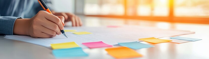 A person writing on a paper with colorful sticky notes in a bright and organized workspace.
