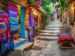 Fototapeta premium A narrow alleyway lined with colorful textiles and leading up a set of stone steps. AI.