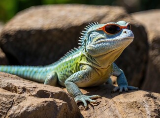 Fototapeta premium A lizard wearing sunglasses sits on a rock. AI.