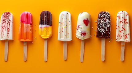 Set of ice cream on a stick on yellow and orange background