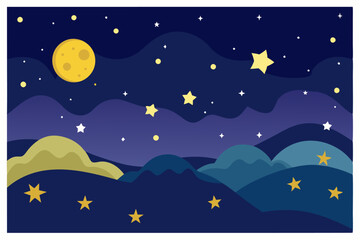 Naklejka premium Night Sky with Moon and Stars Over Rolling Hills