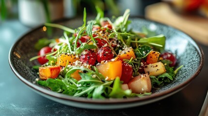 Close-up of a gourmet salad plate with crisp greens and toppings