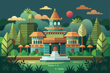 Fototapeta premium A grand, ornate building with a pagoda roof surrounded by lush vegetation and a river in the evening