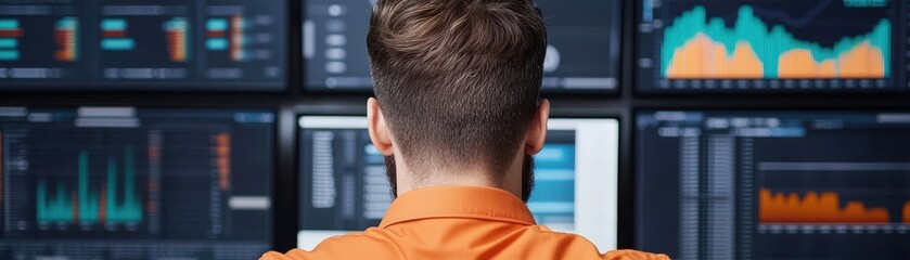 Obraz premium A professional analyst monitoring data trends on multiple screens in a modern office environment, focused and engaged.